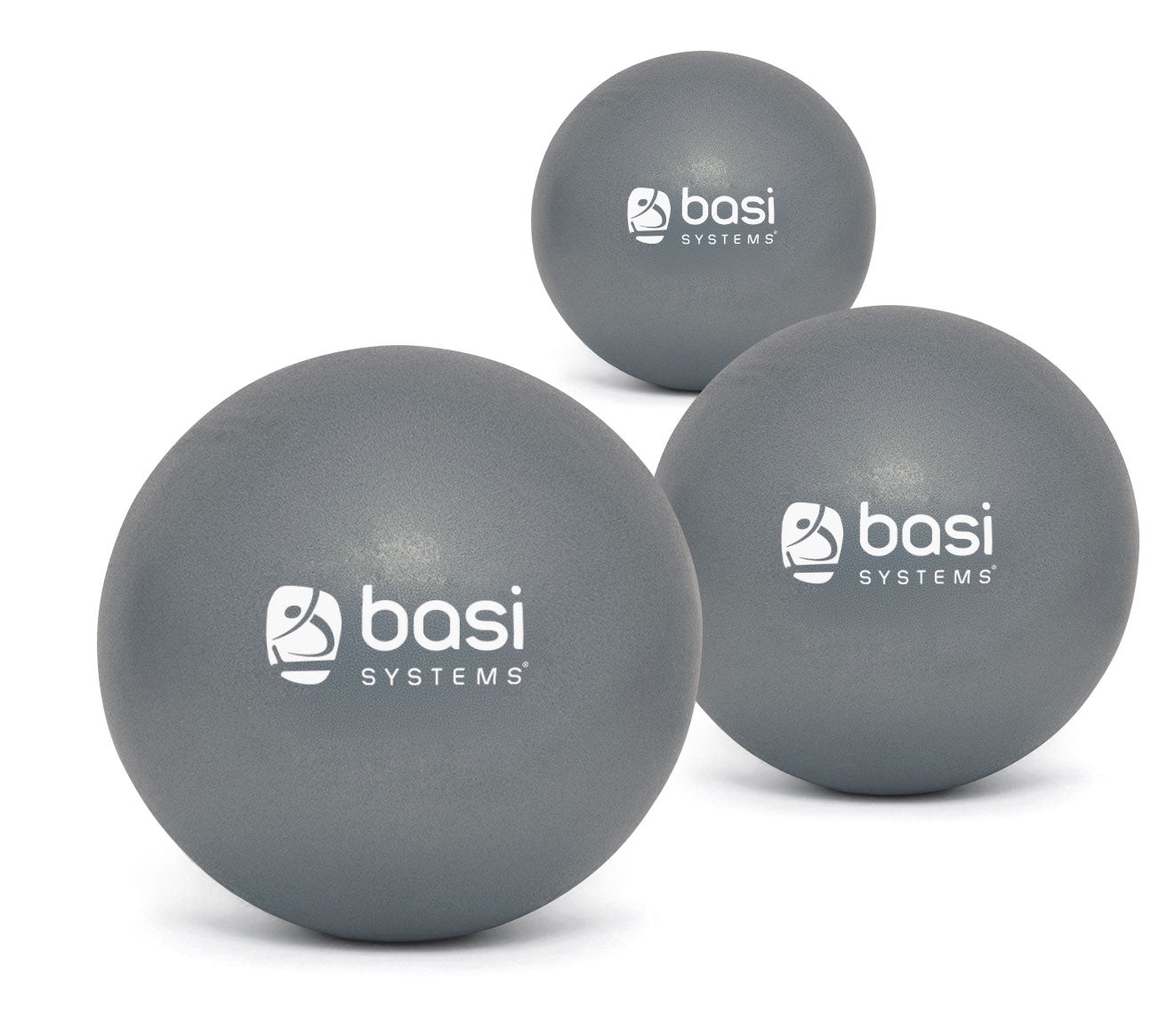 Three gray stability balls with the 'basi systems' logo printed on them